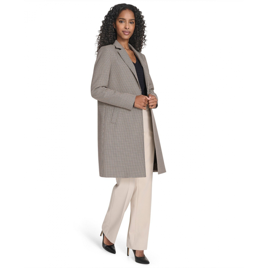'Houndstooth Pattern Topper Long Jacket' pour Femmes