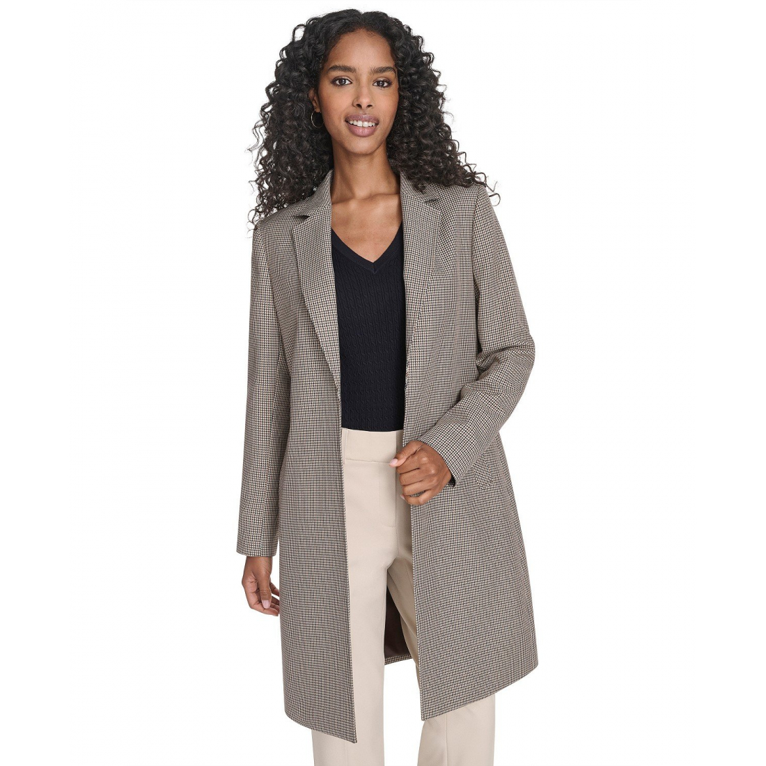 'Houndstooth Pattern Topper Long Jacket' pour Femmes