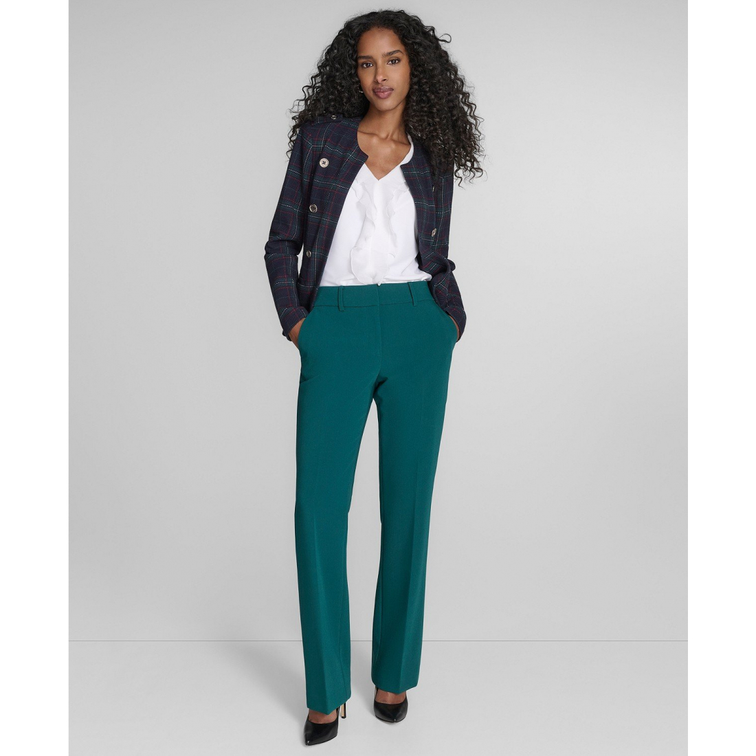 'Windowpane Open Front Band Jacket' pour Femmes