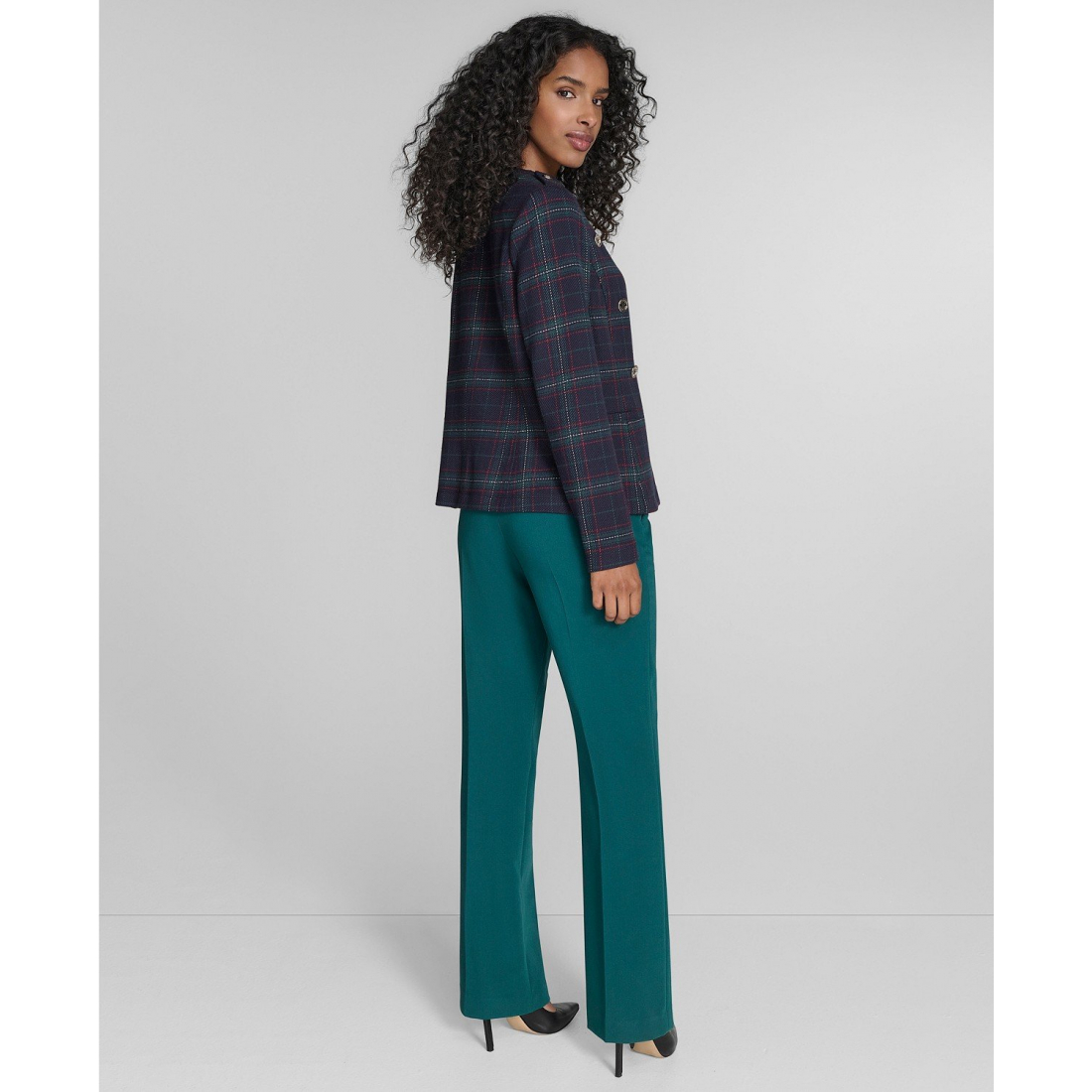 'Windowpane Open Front Band Jacket' pour Femmes