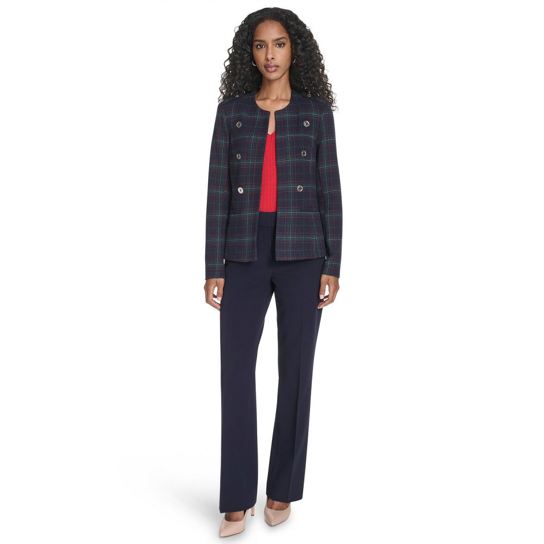'Windowpane Open Front Band Jacket' pour Femmes
