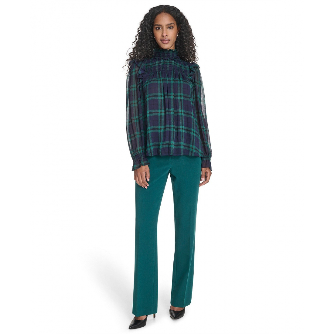 'Plaid Peasant Mock Neck Top' pour Femmes
