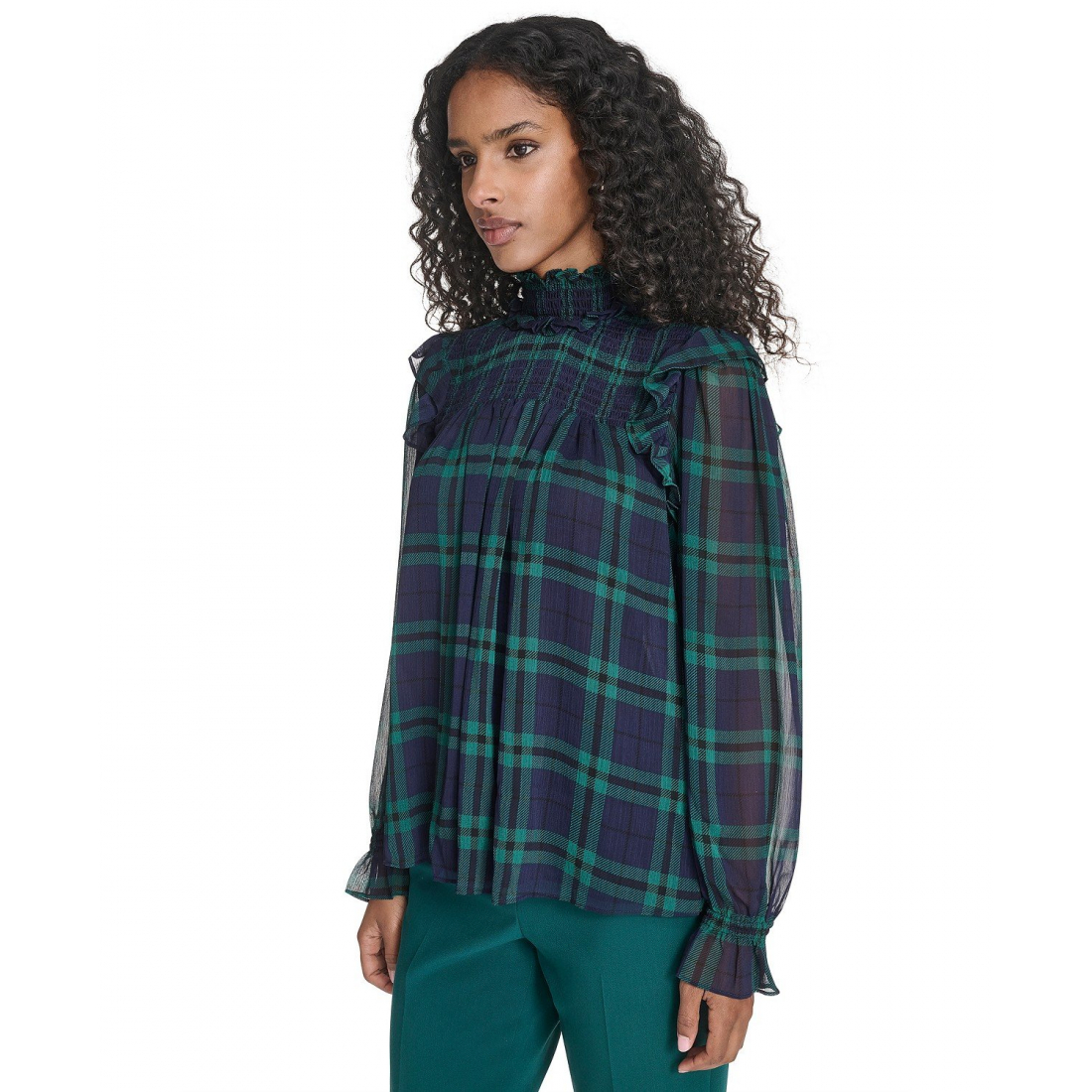 'Plaid Peasant Mock Neck Top' pour Femmes