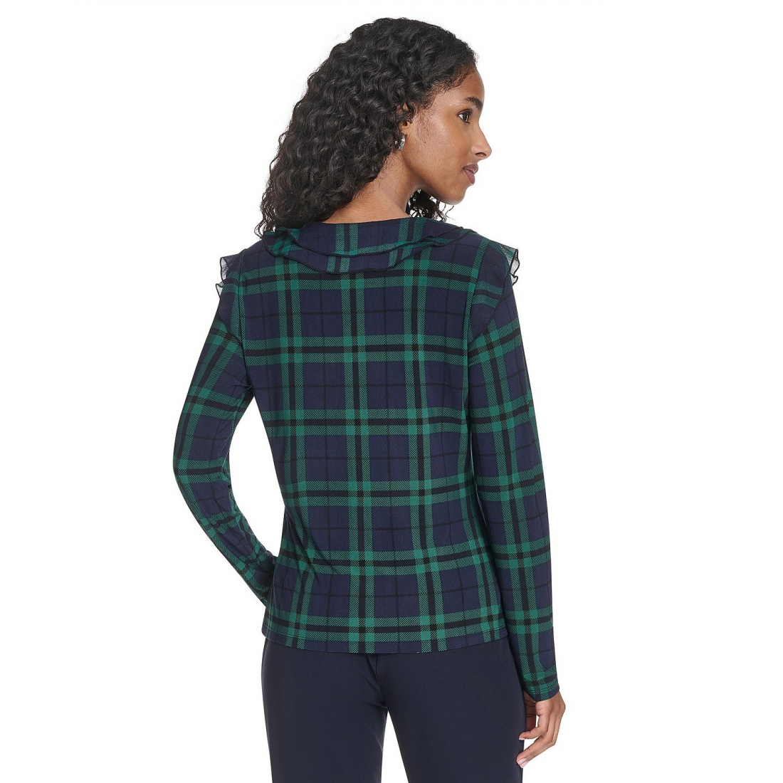 'Long Sleeve Plaid Mixed Media Ruffle Top' pour Femmes