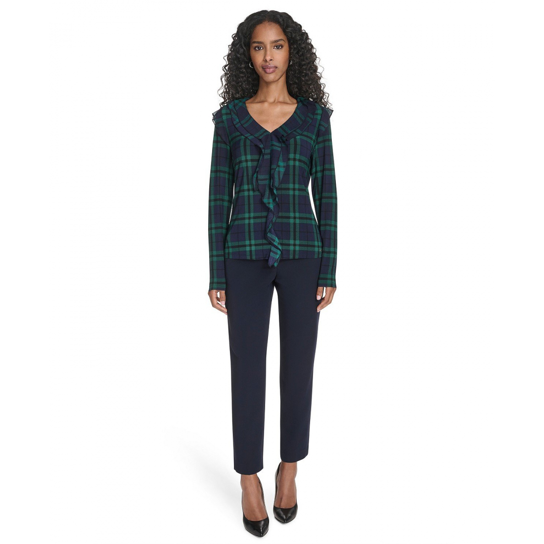 'Long Sleeve Plaid Mixed Media Ruffle Top' pour Femmes