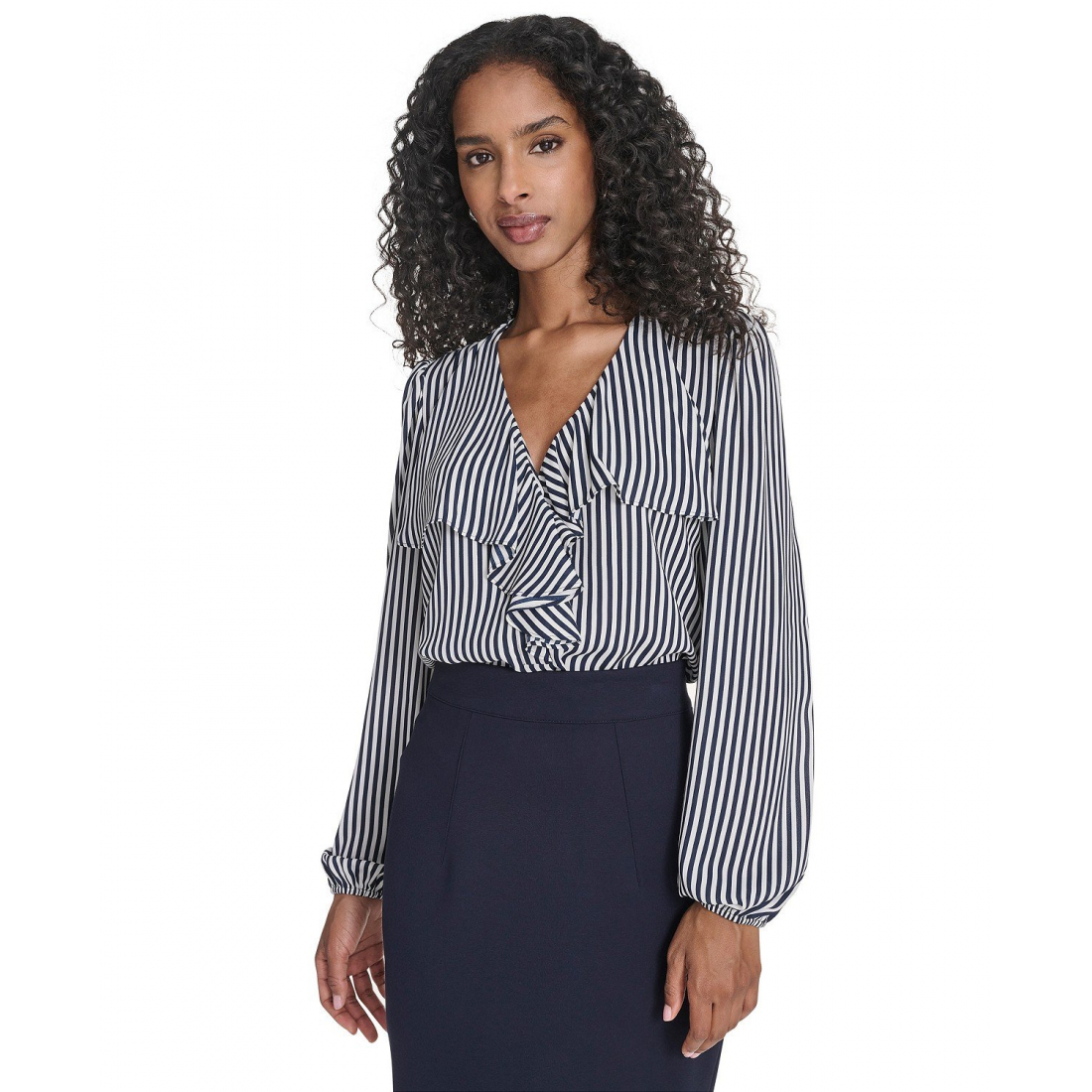 'Striped V-Neck Ruffle Top' pour Femmes