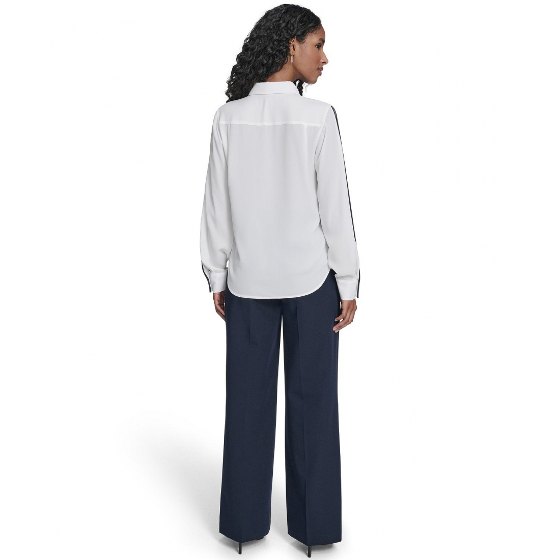 'Long Sleeve Contrast Trim Button-Up Blouse' pour Femmes