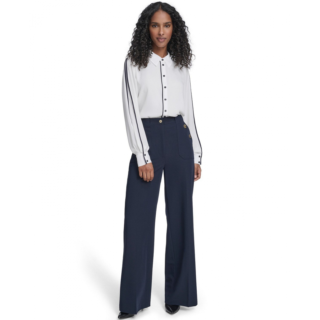 'Long Sleeve Contrast Trim Button-Up Blouse' pour Femmes