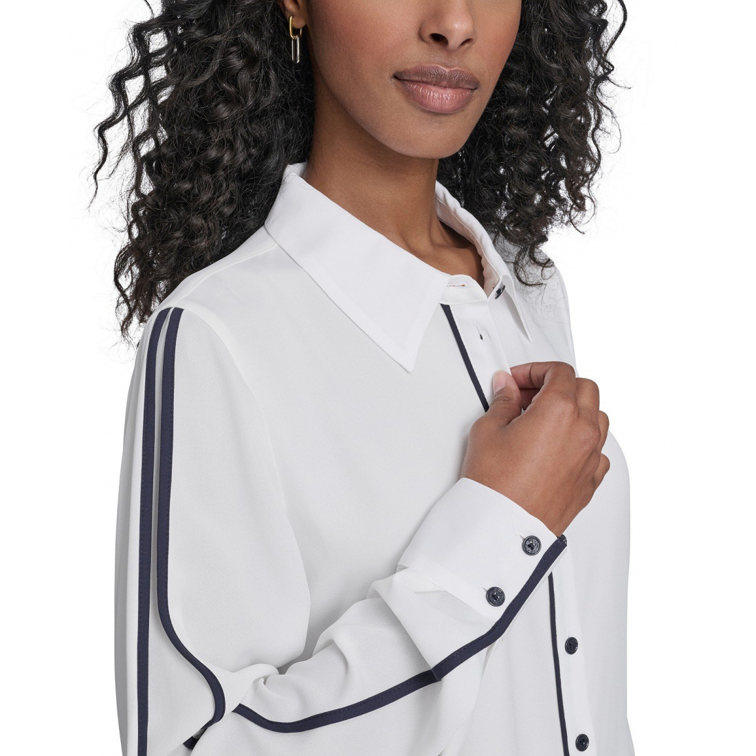 'Long Sleeve Contrast Trim Button-Up Blouse' pour Femmes