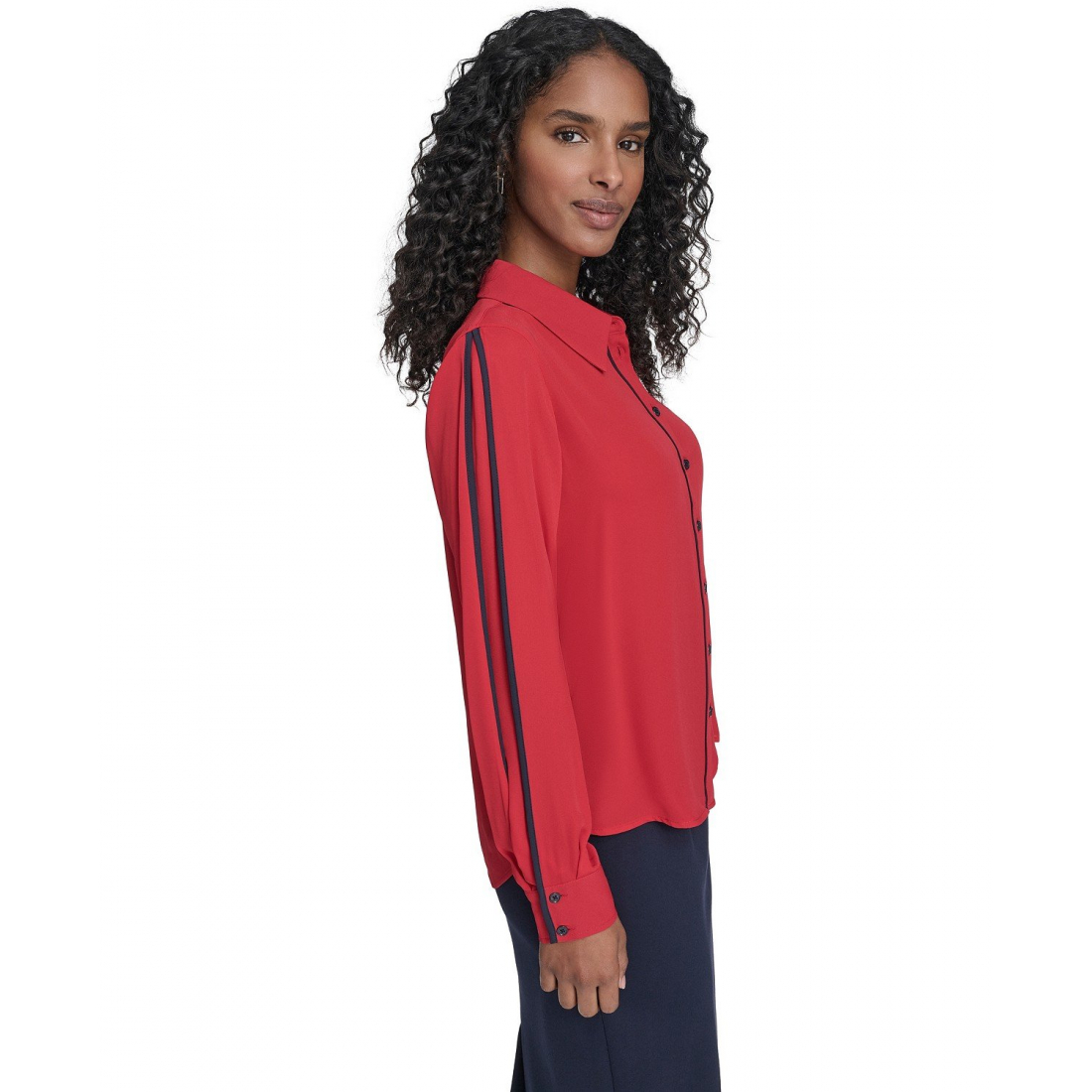 'Long Sleeve Contrast Trim Button-Up Blouse' pour Femmes