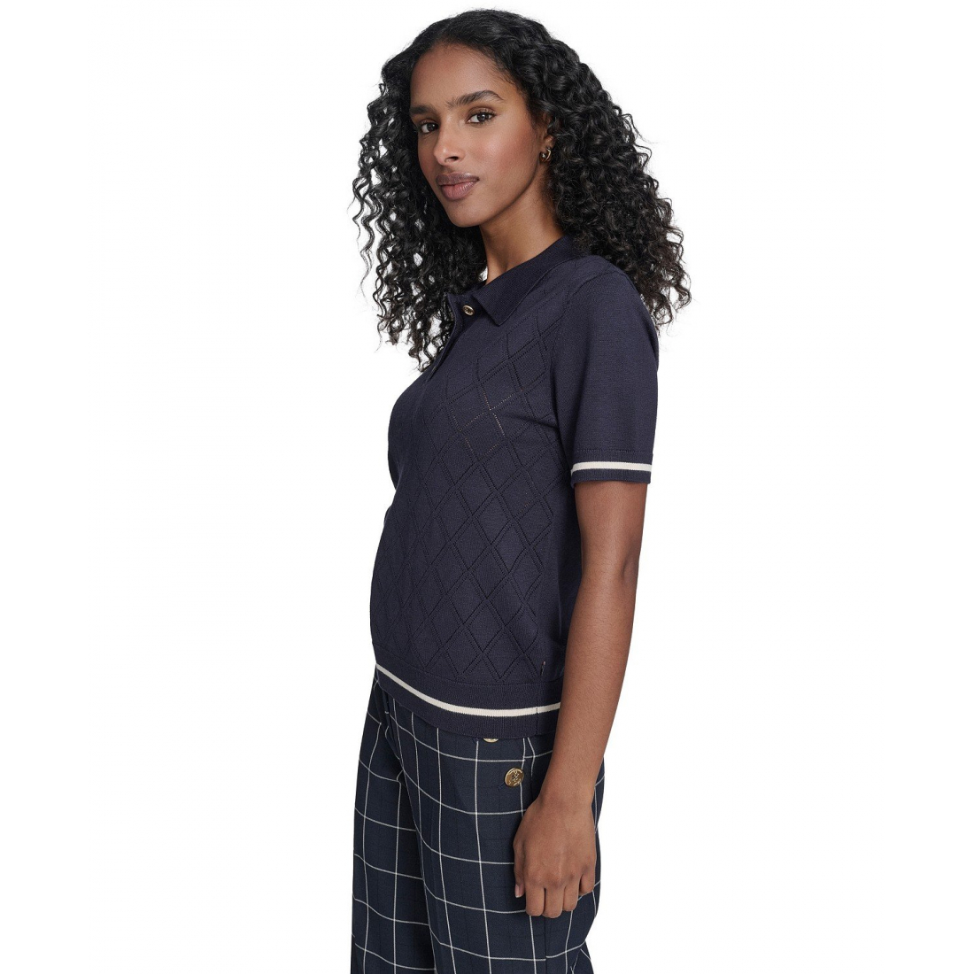 'Short Sleeve Pointelle Polo Sweater' pour Femmes