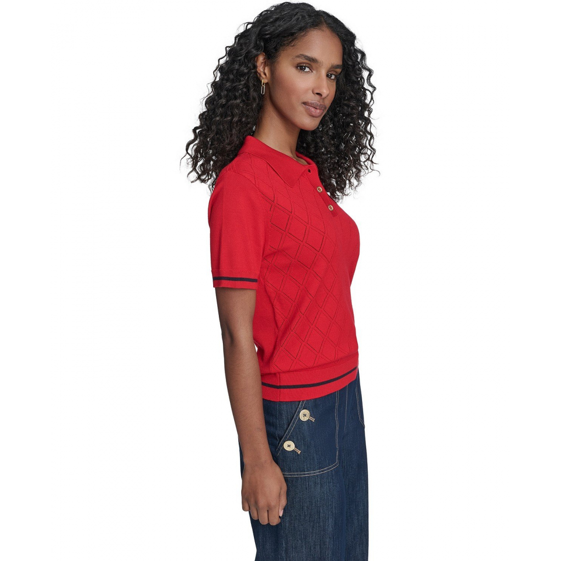 'Short Sleeve Pointelle Polo Sweater' pour Femmes