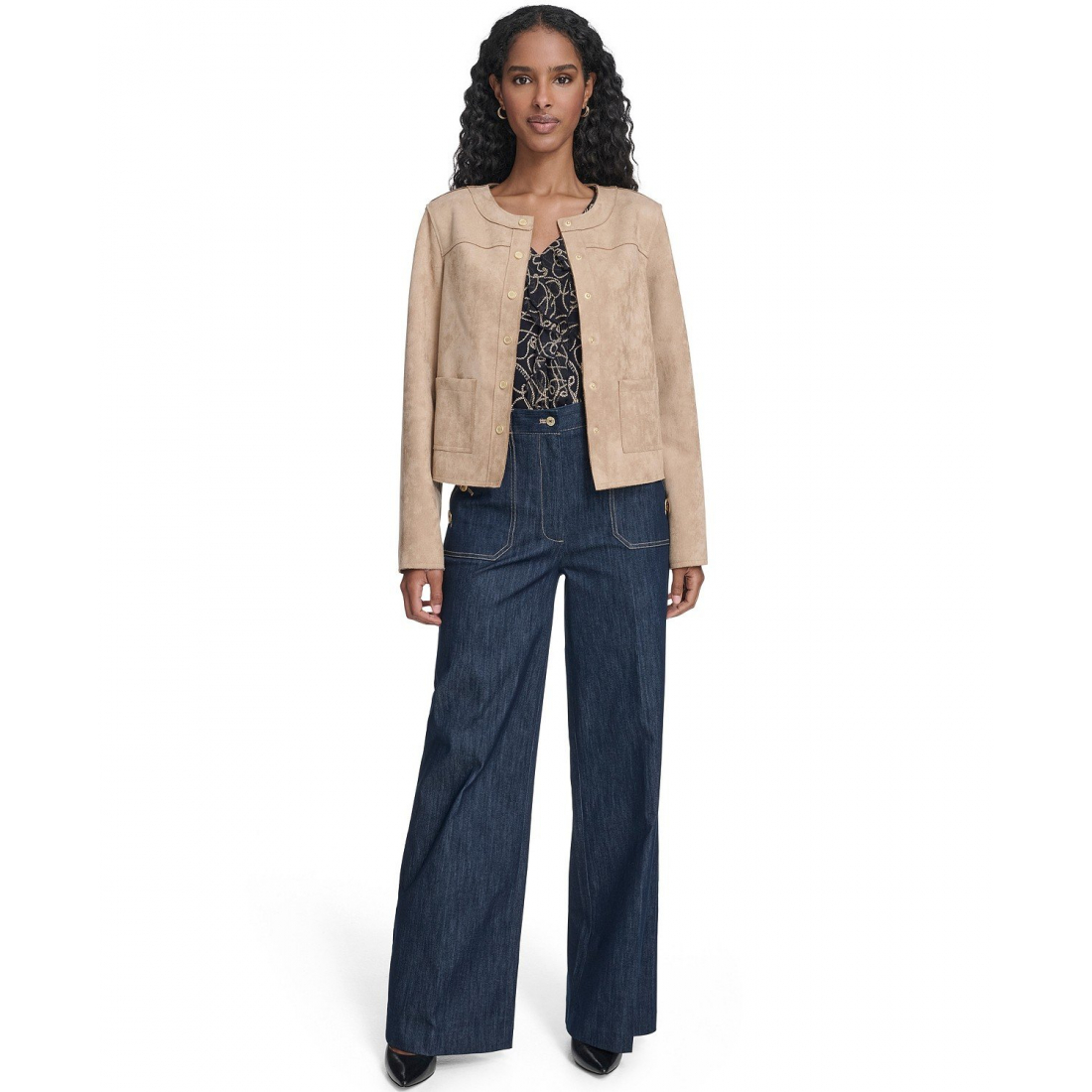 'Collarless Snap Front Jacket' pour Femmes