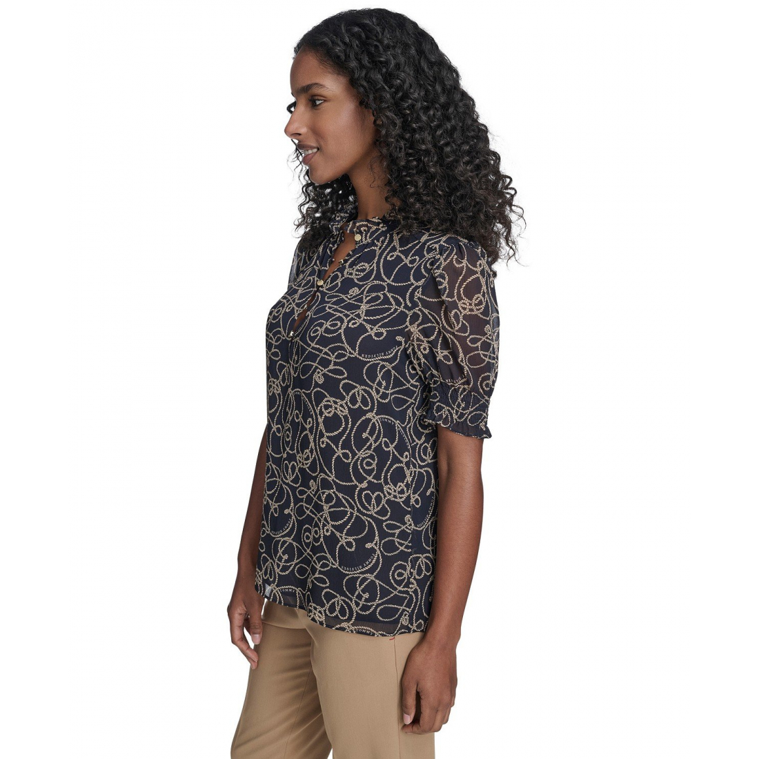 'Rope Print Ruffle Mock Neck Blouse' pour Femmes