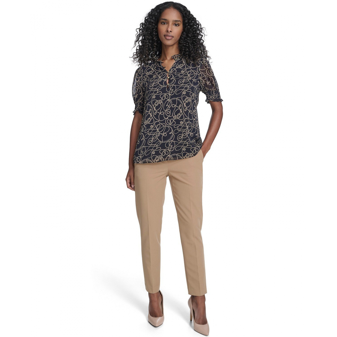 'Rope Print Ruffle Mock Neck Blouse' pour Femmes
