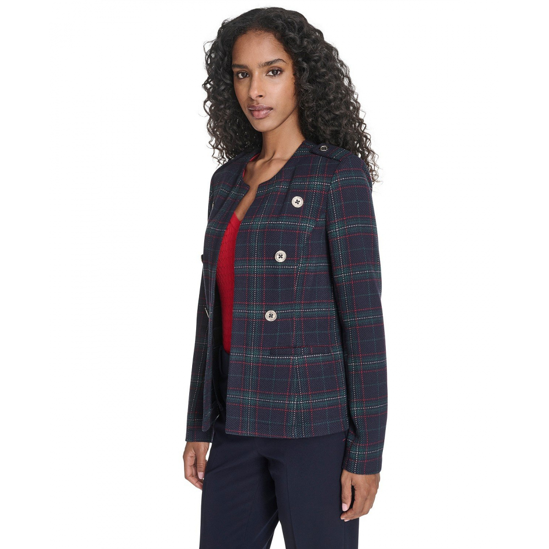 'Windowpane Open Front Band Jacket' pour Femmes