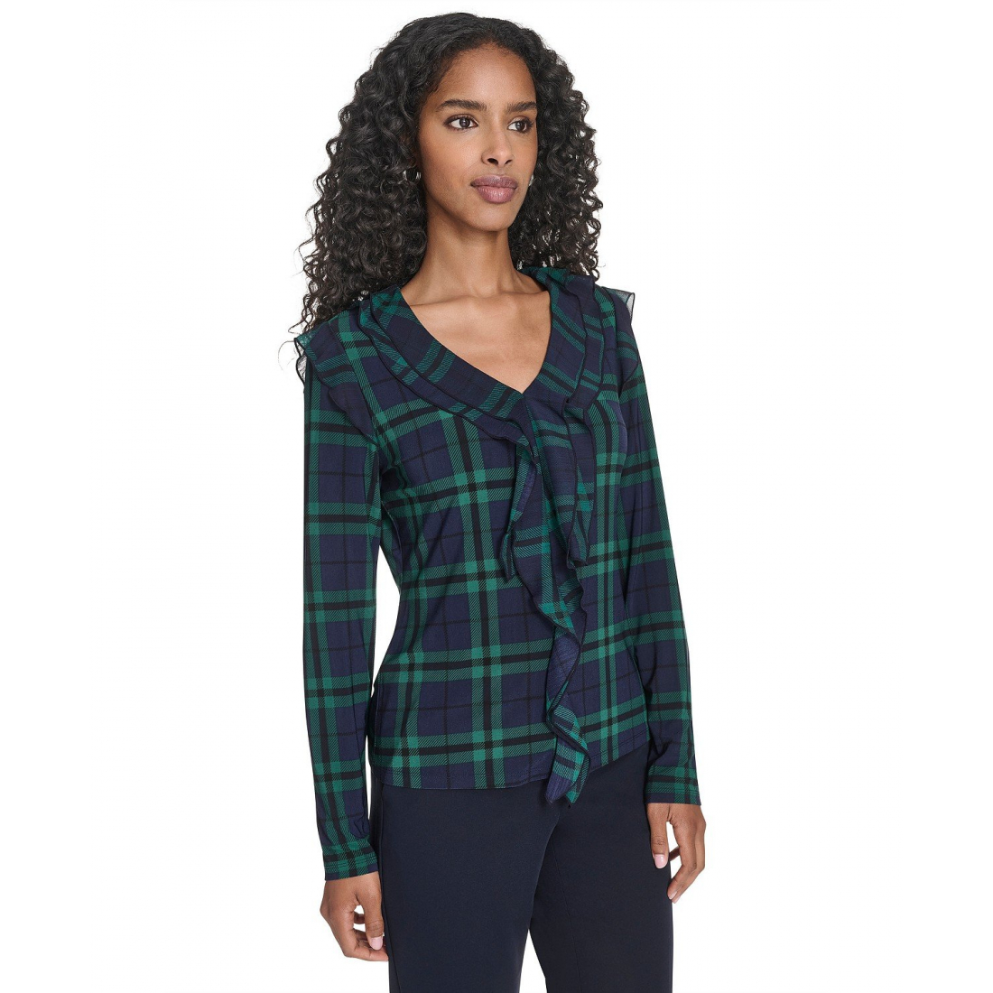 'Long Sleeve Plaid Mixed Media Ruffle Top' pour Femmes