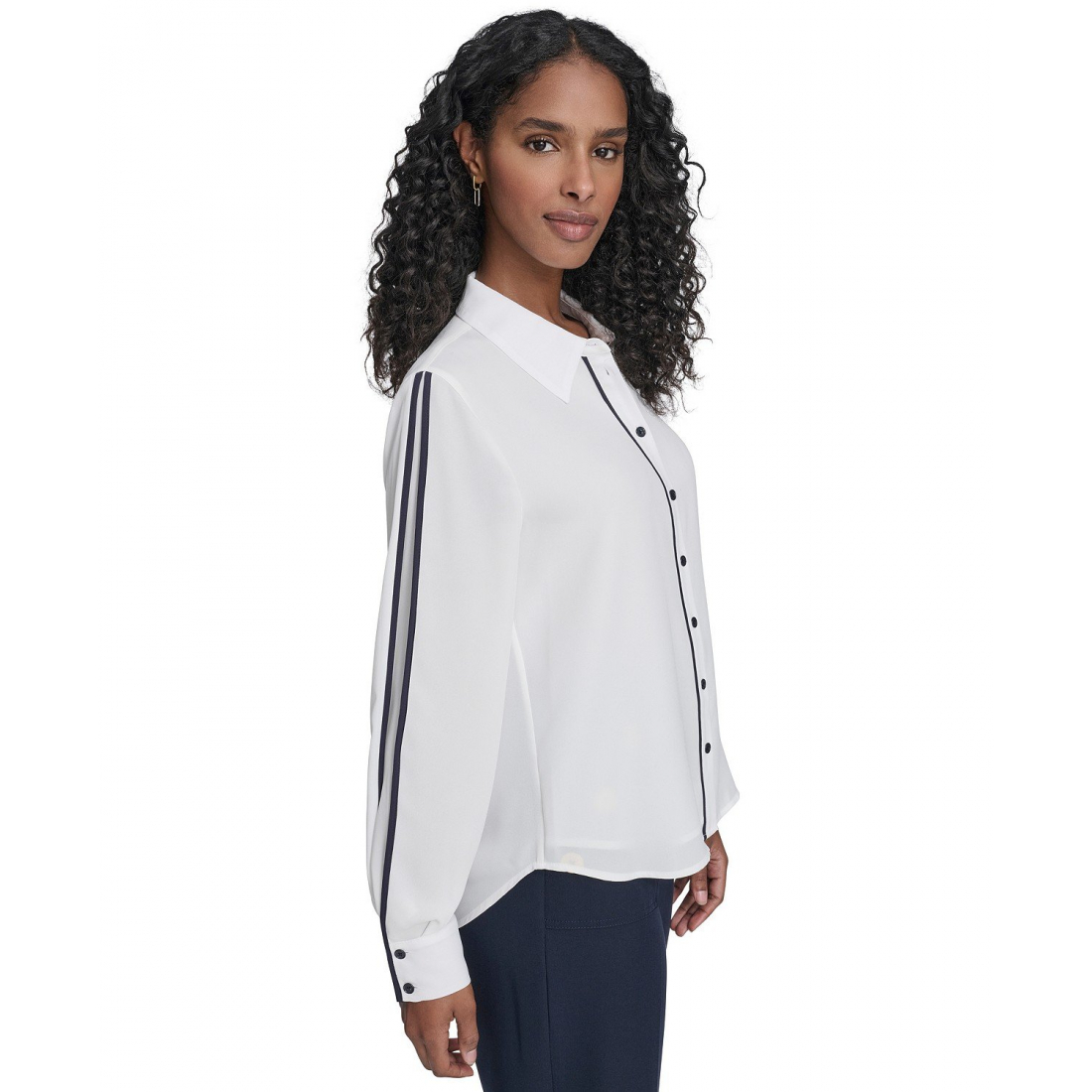 'Long Sleeve Contrast Trim Button-Up Blouse' pour Femmes