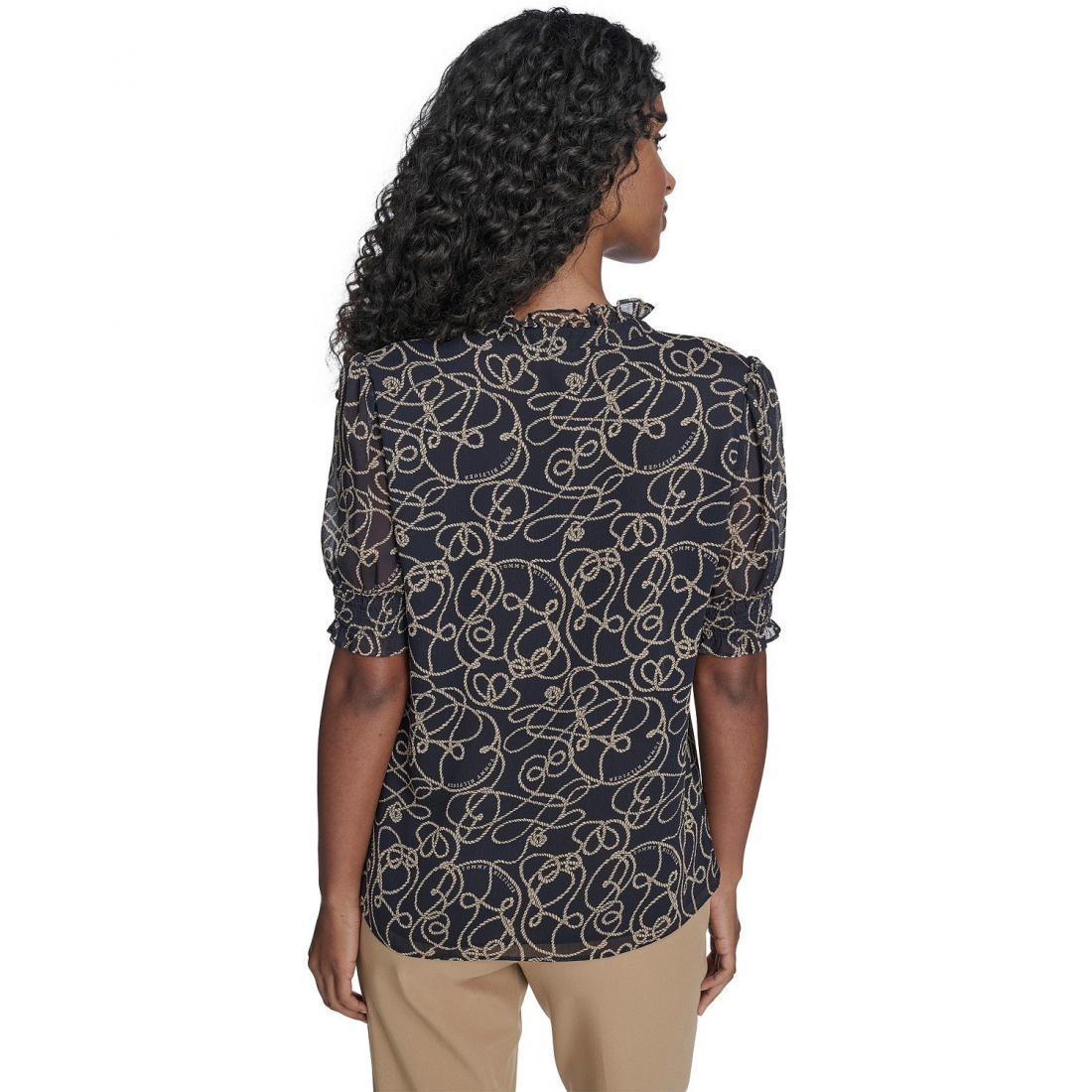 'Rope Print Ruffle Mock Neck Blouse' pour Femmes