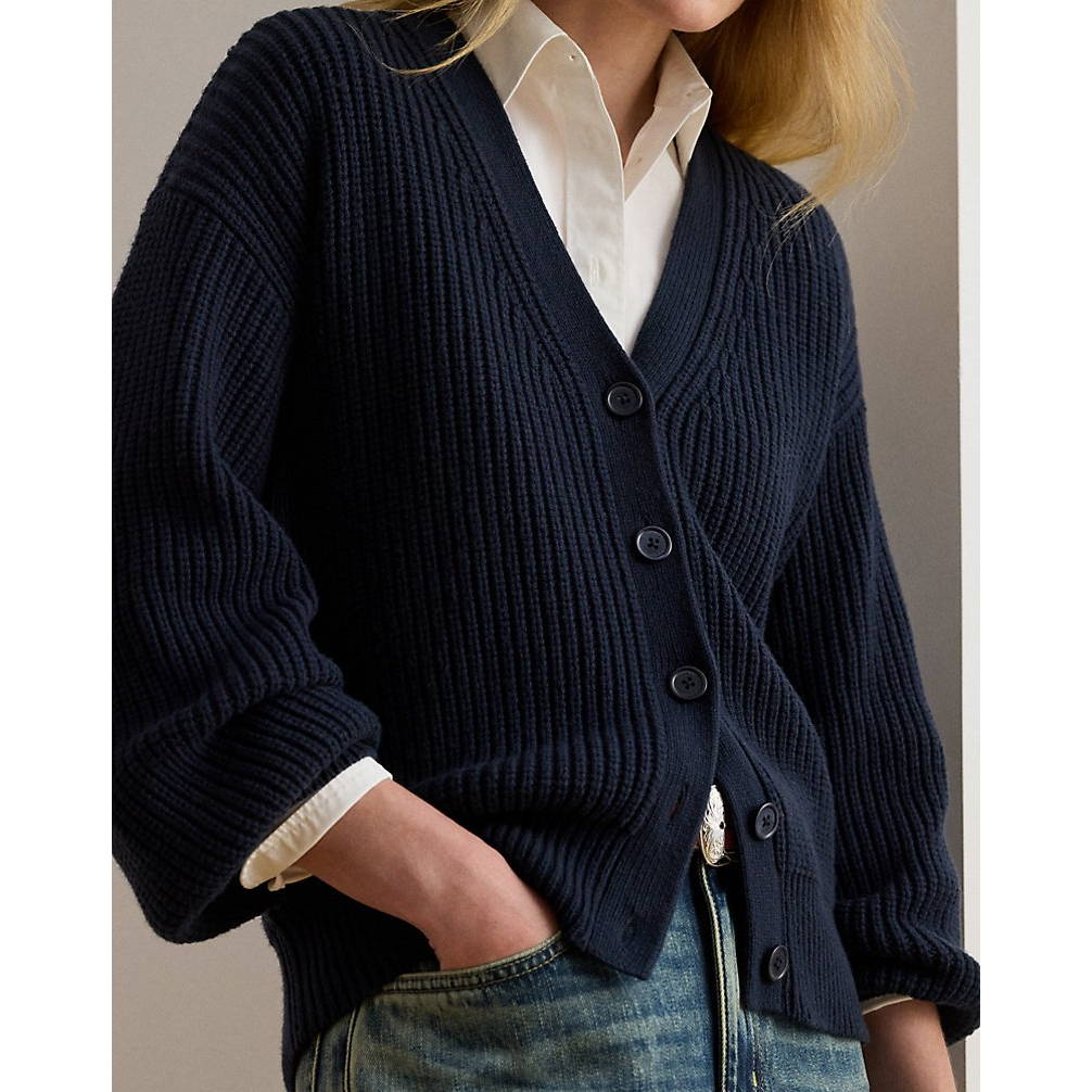 'Ribbed Wool-Blend V-Neck Cardigan' pour Femmes