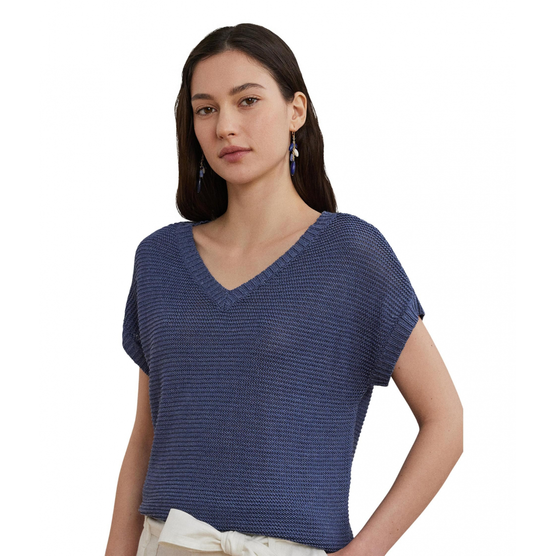'Linen-Blend Short-Sleeve V-Neck Sweater' pour Femmes