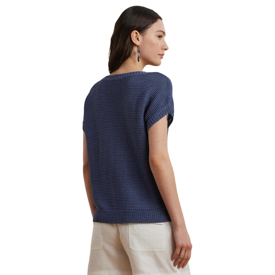 'Linen-Blend Short-Sleeve V-Neck Sweater' pour Femmes