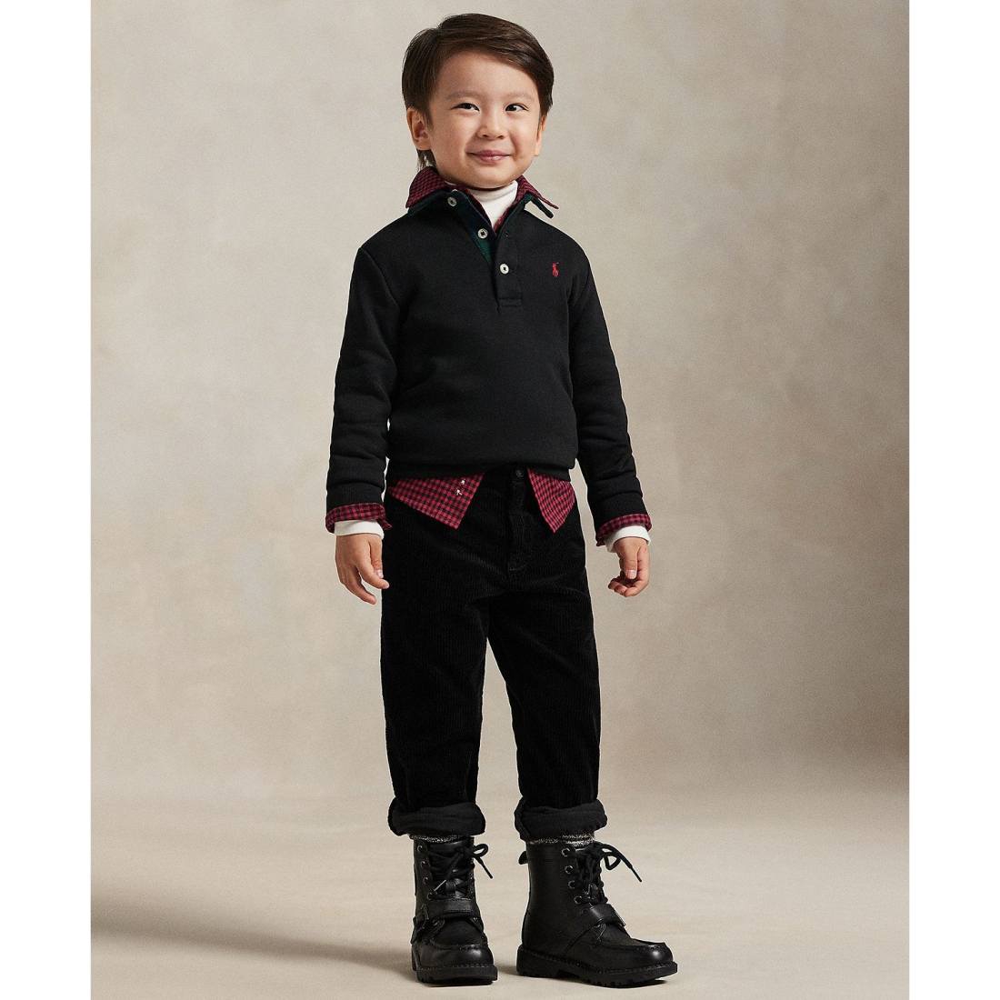 'Plaid-Trim Fleece Polo-Collar Sweatshirt' pour Garçons