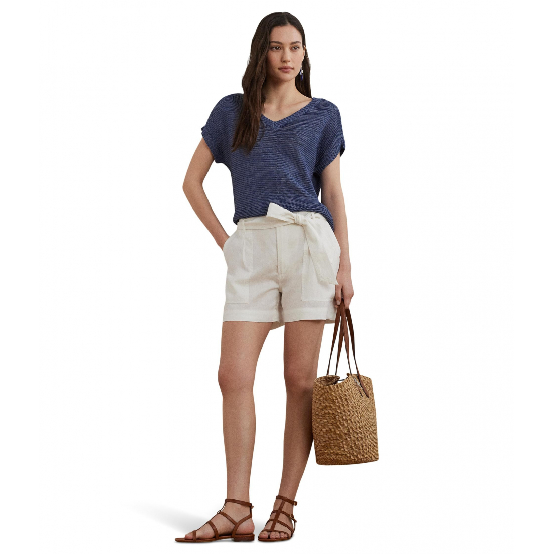'Linen-Blend Short-Sleeve V-Neck Sweater' pour Femmes
