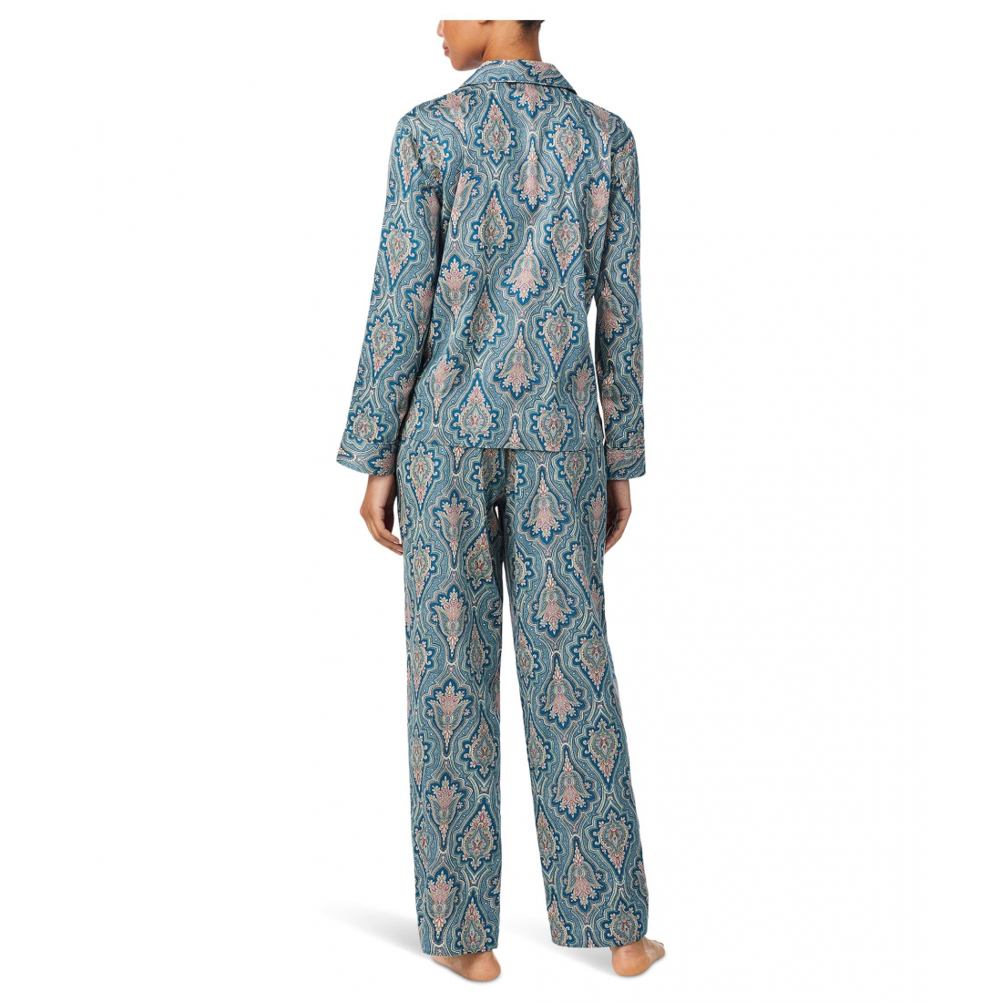 'Long Sleeve Notch Collar Sateen PJ Set' pour Femmes