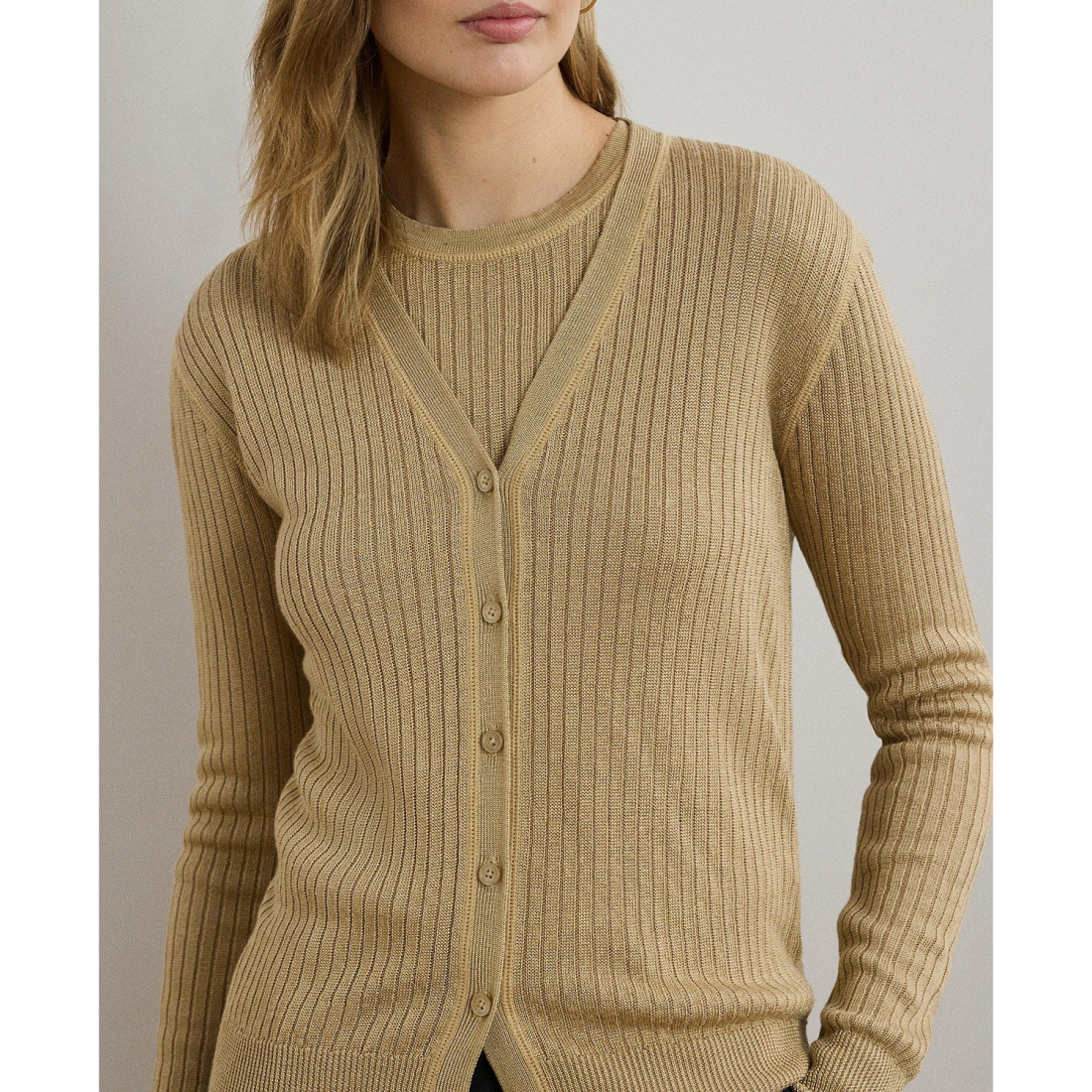 'Rib-Knit Linen-Blend V-Neck Cardigan' pour Femmes