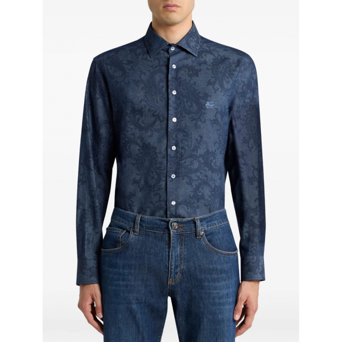 Men's 'Leafy Paisley-Motif' Denim Shirt