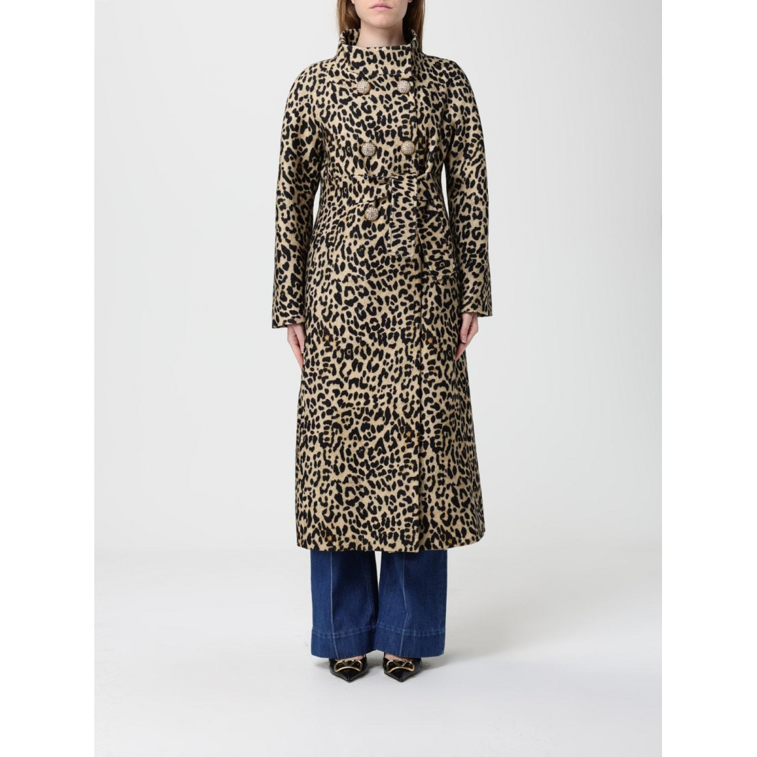 Manteau à ceinture 'Animal-Print Jewel-Button' pour Femmes