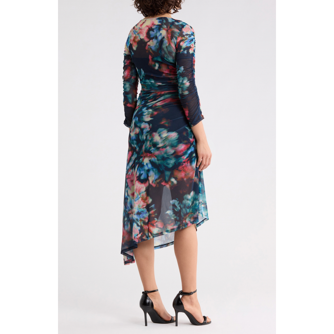 Women's 'Mesh Three-Quarter Sleeve Asymmetrical Hem' Midi Dress