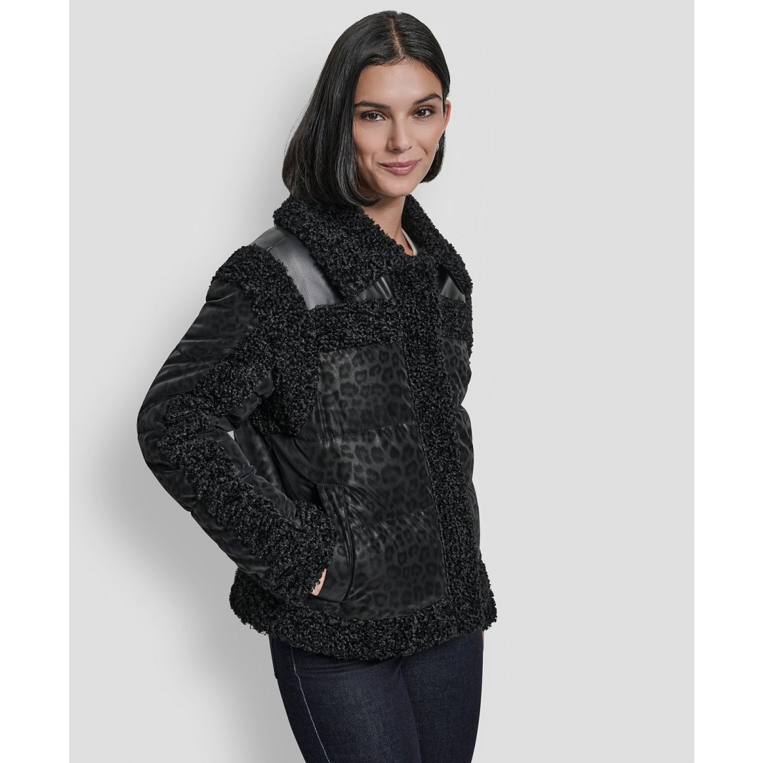 'Collared Mixed Media Cheetah' Pufferjacke für Damen