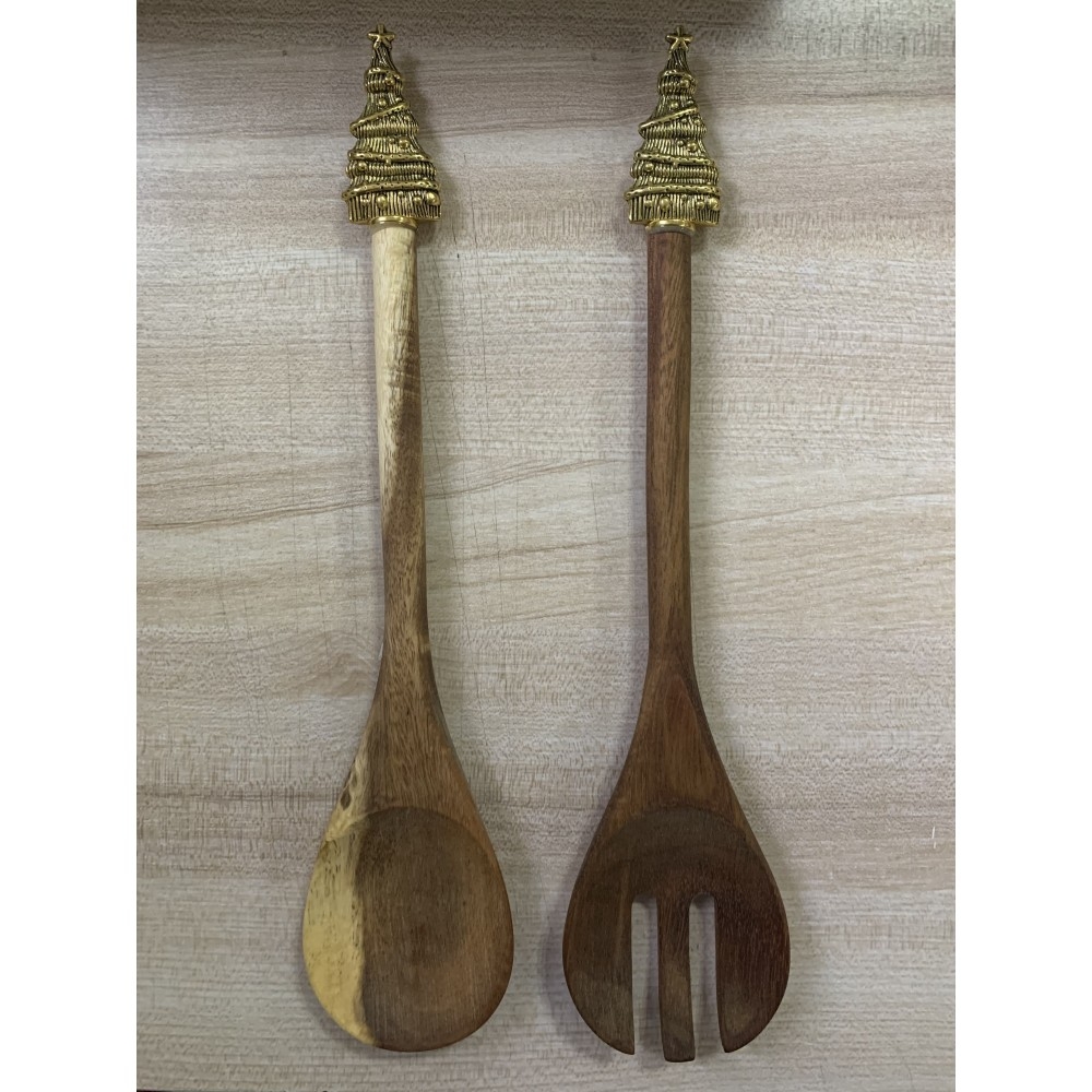 Acacia Salad Servers With Christmas Tree Design