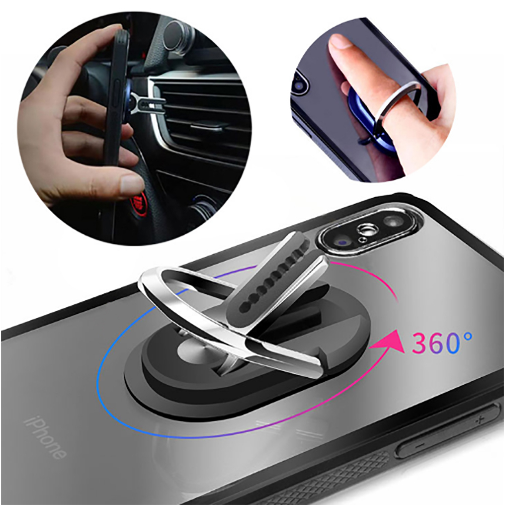 360° Rotating Folding Mobile Ring Holder with Phone and Car Mount Function - Black